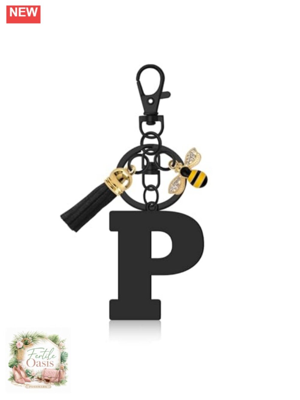 Personalized Initial Letter Keychain with Bee Pendant and Tassel